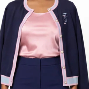 <b>Navy</b> Embroidered <b>Cardigan</b> with Pink and White Trim Button Front Knit Sweater Elegant Fashion Top for Women <b>Girls</b> Casual Daily - Product Image 5