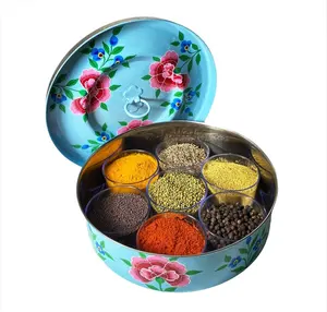 Indian Masala Box Antique Design 7 Cup Spice Container with Lid , Indian spice box, steel spice box