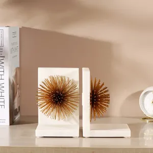 Luxury White Marble Art Deco Engraved Bookends with Gold Starburst Accents for Home Office & <b>Library</b> Display - Product Image 3