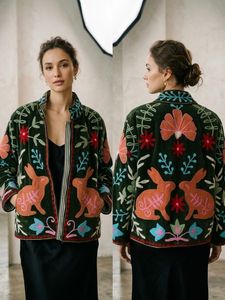 Women's Hand Embroidered Quilted Velvet Cotton <b>Jacket</b> <b>Mandarin</b> <b>Collar</b> Full Sleeves Vintage Floral Rabbit Winter Outerwear - Product Image 2
