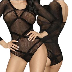 Women's Black Mesh Bodysuit Long Sleeve See Through Sexy Lingerie Sheer Bodywear Hollow Out Design - Product Image 1
