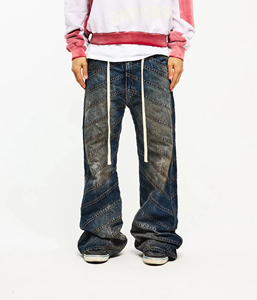 Men's Stonewashed Wide Leg <b>Jeans</b> Drawstring <b>Elastic</b> Waist Street Style Denim Pants - Product Image 1