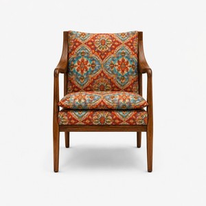 Sillón de madera de estilo moderno de mediados de siglo con respaldo sólido y tapicería con patrones coloridos para sala de estar - Product Image 4