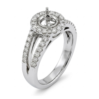 Élégante bague de fiançailles semi-montée en or blanc massif 18 carats avec halo de diamants à branches fendues, monture vierge pour une demande en mariage romantique
