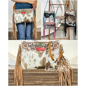 Handcrafted Tooled Cowhide Leather Cherry Motif Fringe Bag Western Style <b>Large</b> Capacity Shoulder Crossbody Travel Bag for Ladies - Product Image 1