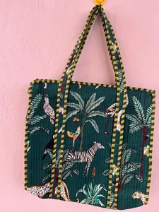 Luxury Green Quilted Cotton <b>Tote</b> <b>Bag</b> with Animal Hand Print Bohemian Style <b>Summer</b> Casual Open Shopping <b>Bag</b> for Women - Product Image 4