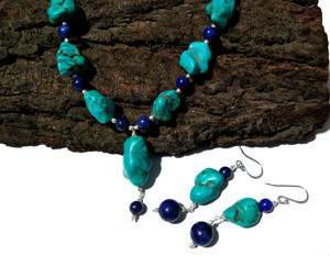 Collier de perles en pierres précieuses naturelles turquoise et lapis-lazuli, ensemble de bijoux bohèmes en argent sterling pour femmes et unisexe, troisième marque - Product Image 4