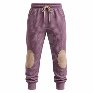 Ensemble de survêtement matelassé violet pour homme avec empiècements beiges, manches longues, tenue décontractée d'automne, pantalon uni à cordon de serrage - Product Image 4