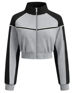 Grey Black Women Cropped Track <b>Jacket</b> <b>Zip</b> <b>Up</b> Sports <b>Jacket</b> Fitness Gym Activewear Contrast Stripe Training <b>Jacket</b> Manufacturer - Product Image 1