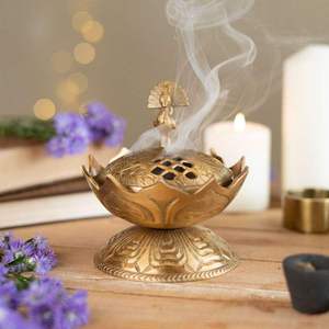 Brass <b>Incense</b> <b>Burner</b> Hand-Made <b>Chinese</b> Style Aromatic Holder with Lotus Base for Sandalwood Sticks and Cones All-Season Use - Product Image 4