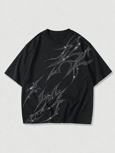 T-shirt surdimensionné à motif tribal abstrait avec strass, en coton noir épais, style streetwear hip-hop, manches courtes, pour hommes, OEM - Product Image 5