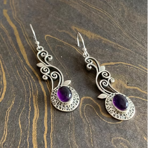 Handmade Silver 925 Vintage Style <b>Earrings</b> With <b>Small</b> Oval Purple Amethyst Stones Detailed Swirl Filigree <b>Dangle</b> Jewelry - Product Image 2