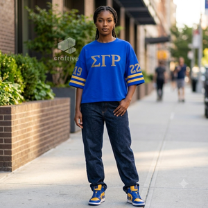 เสื้อยืดชมรมหญิง Sigma Gamma Rho ประดับคริสตัลวิบวับ สีน้ำเงินทอง ตัวอักษรกรีก คอกลม แขนลายทาง ทรงหลวม พิมพ์ลายกราฟิก - Product Image 5