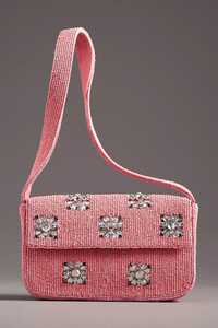 Rosa Strass-Verzierte Kristall-Glasperlen Canvas-Tasche Funkelndes Cluster-Motiv Klapptasche Crossbody Schultertasche Abendtasche - Product Image 1
