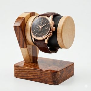 Soporte de Madera Cuadrado Hecho a Mano para Relojes con Base de Cuero Marrón, Acabado Pulido y Diseño Minimalista para Exhibición en Escritorio - Product Image 5