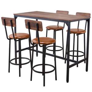5PCS 47\" Rectangular Walnut Color <b>Bar</b> <b>Table</b> Set Four Black <b>Stools</b> Rounded Edge Design for Living Dining Kitchen Pub Furniture - Product Image 1