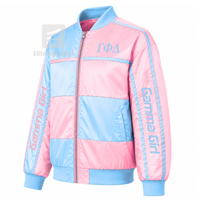 Chaqueta cortavientos personalizada de la hermandad Gamma Phi Delta con logo bordado en azul cielo y rosa, estilo casual para mujer con forro de poliéster. - Product Image 2