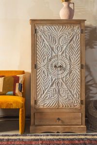 Luxury Handcrafted Solid Wood 2 Door <b>Wardrobe</b> Ornate Leaf Mandala Carving Natural Finish Armoire - Product Image 4
