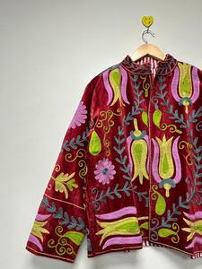Vintage Red <b>Velvet</b> Suzani Embroidered <b>Jacket</b> with Floral Pattern Full Sleeve Stand Collar Bohemian <b>Women's</b> Autumn Outerwear - Product Image 5