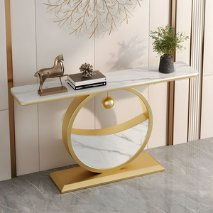 Table console moderne en métal doré en forme de X, avec plateau en marbre blanc, disponible à prix de gros. - Product Image 5