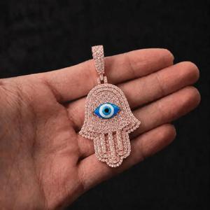 Pendentif Hamsa Œil Bleu Diamanté, Bijoux Hip Hop, Collier Hamsa, Charme de Protection Spirituelle, Cadeau de Luxe - Product Image 2