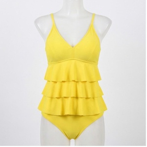 Traje de baño de una pieza amarillo para mujer, cuello en V profundo, diseño escalonado con volantes, bikini elástico, ropa de playa - Product Image 1