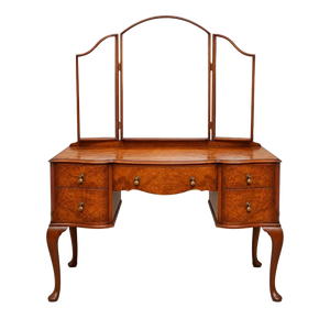 Table de toilette vintage style Queen Anne en placage de noyer festonné avec miroir à trois volets - Product Image 1