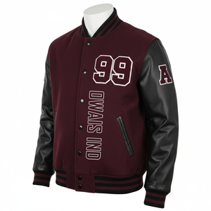 Chaqueta Varsity Marrón para Hombre con Mangas de PU Negras, Bordado 99 y Logotipo Frontal Owais Ind, Estilo Preppy, Cuello Camisero - Product Image 1