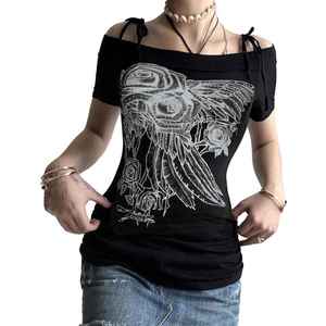 Custom Women Gothic Graphic Print Baby Tee Halter Cut Out Short Sleeve Slim Fit T Shirt Y2K Punk Dark Grunge Streetwear <b>Top</b> - Product Image 5