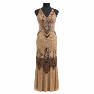 Women Gold Beaded Maxi Dress V Neck Sleeveless Embellished Evening Gown Elegant <b>Sequin</b> Formal Wedding Party Prom Cocktail - Product Image 1