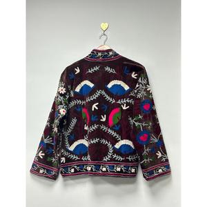Chaqueta Bohemia de Lujo con Bordado Suzani para Mujer, Cuello Alto, Estampado Floral, Hecha a Mano, de Algodón y Terciopelo, Abierta por Delante, Estilo Casual - Product Image 4