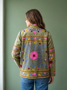 Veste florale brodée pour femme, vêtement d'extérieur en coton vert olive avec broderie folklorique colorée, style bohème ethnique - Product Image 4