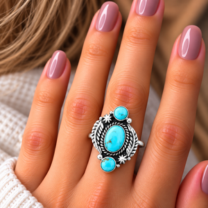 Bague à trois pierres en turquoise Mohave, style bohème western, faite à la main, bijou de créateur unique, bague tendance - Product Image 2