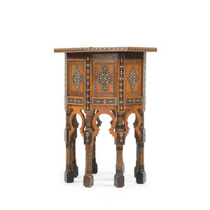 Table d'appoint octogonale en bois de style marocain, fabriquée à la main, avec incrustation de nacre, finition antique, meuble d'appoint islamique maure - Product Image 1