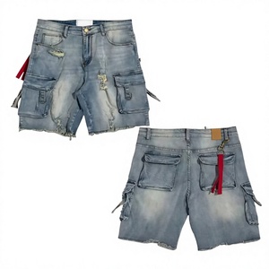 <b>Mens</b> Light Blue Acid Wash Denim Cargo Shorts Heavy Vintage Treatment Utility Pockets Raw Frayed Edges Streetwear Jorts Apparel - Product Image 1
