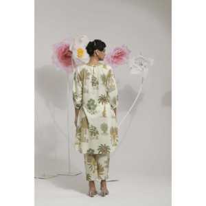 Ensemble Kurta pour femmes en tissu Cream Palm, style exotique - Product Image 4