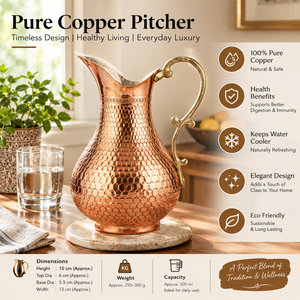 Carafe à eau ayurvédique en cuivre pur martelé nid d'abeille avec poignée en laiton ornée, style vintage, pour service et boissons - Product Image 5