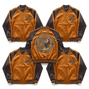 Blouson Bomber en Satin de Marque avec Fermeture Éclair, Manches Raglan Bicolores Ocre et Noir, Imprimé Vintage, Motif Graphique et Broderie au Dos - Product Image 1