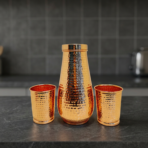 Handcrafted Textured Copper Water <b>Bottle</b> Curved Heritage Shape Metal Drink <b>Flask</b> Reusable Wellness Hydration Container - Product Image 2