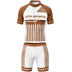 Ensemble maillot et short de cyclisme marron, blanc, à manches courtes, entièrement zippé, respirant, rembourré, pour la course, l'entraînement, la performance sportive et l'équipe - Product Image 1