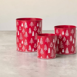 Red Metal Christmas <b>Tree</b> Pattern Decorative Containers Set of 3 Round Reusable Holiday Storage Buckets - Product Image 2