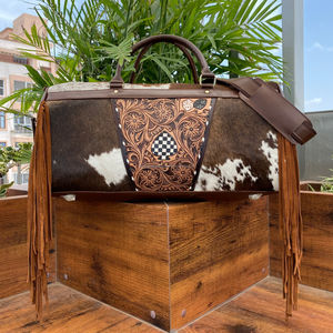 Prix favorable motif à carreaux usiné cuir de vachette frange sac polochon en cuir véritable voyage grande taille Duffle pour unisexe - Product Image 4