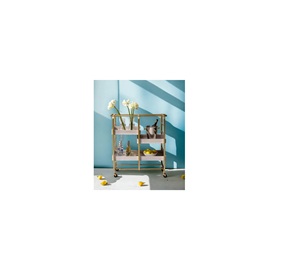 Chariot utilitaire moderne en métal avec étagères en bois et roues, forme rectangulaire, design solide et élégant - Product Image 4