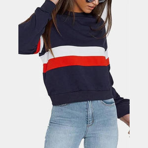 Sweat-shirt à col rond à rayures multicolores bleu marine, blanc et rouge pour femmes, vêtements en gros OEM ODM - Product Image 6