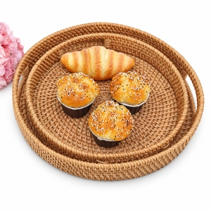Ensemble de plateaux de rangement ronds en rotin, à un seul niveau, empilables, durables, multifonctionnels, paniers de service alimentaire, design bohème, pour la table - Product Image 1