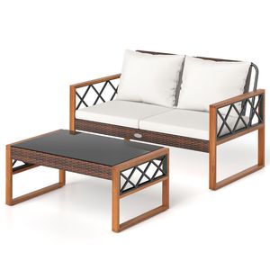 Elegante Conjunto de Muebles de Jardín de 2 Piezas con Cojines, Madera de Acacia y Mesa con Superficie de Vidrio Templado para Terraza y Jardín - Product Image 4