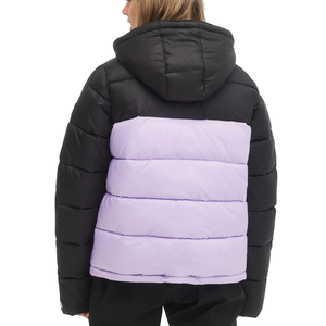 <b>Women's</b> Color Blocked Puffer Jacket Hooded Full Sleeve Warm <b>Winter</b> <b>Coat</b> Contrast Purple <b>Black</b> Quilted Down Style - Product Image 3