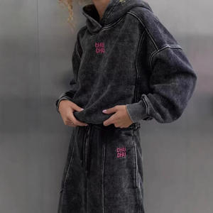 2025 New Style Heavy <b>Weight</b> Acid Wash Zip Up Hoodie Tracksuit <b>Set</b> - Product Image 1