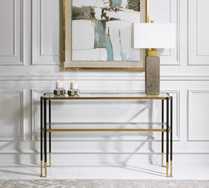 Table console en verre élégante Keller-Surface en verre de qualité avec base en métal élégant pour un mobilier d'intérieur de grande valeur - Product Image 1