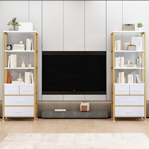 Libreria 60*35*174cm con Telaio Dorato, 6 Ripiani e 3 Cassetti, in Truciolato con Struttura in Ferro e Tessuto Non Tessuto - Product Image 2